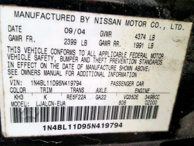 1N4BL11D95N419794 - 2005 NISSAN ALTIMA SE BLACK photo 10