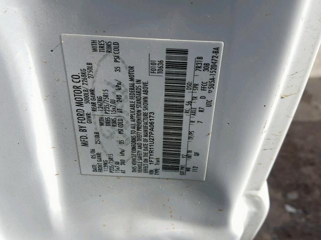 1FTYR11U27PA06173 - 2007 FORD RANGER WHITE photo 10