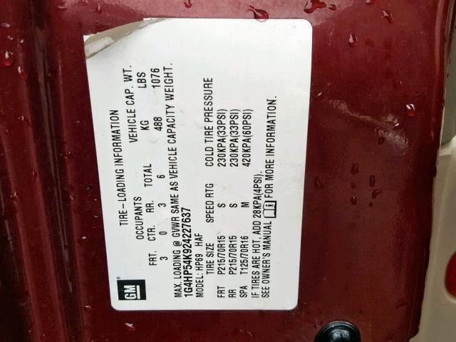 1G4HP54K924227637 - 2002 BUICK LESABRE CU MAROON photo 10