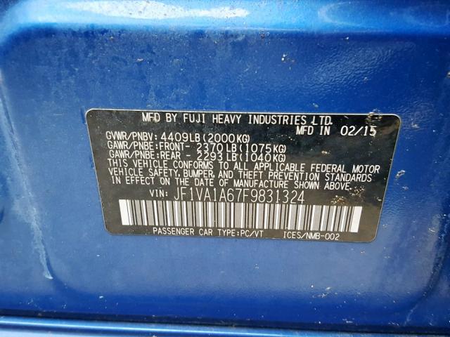 JF1VA1A67F9831324 - 2015 SUBARU WRX BLUE photo 10