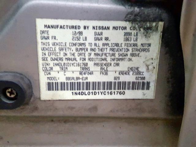 1N4DL01D1YC161760 - 2000 NISSAN ALTIMA XE TAN photo 10