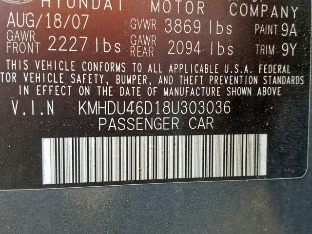 KMHDU46D18U303036 - 2008 HYUNDAI ELANTRA GL GRAY photo 10