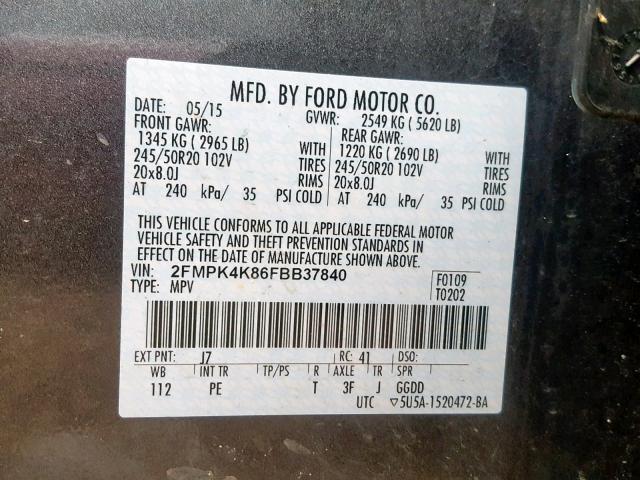 2FMPK4K86FBB37840 - 2015 FORD EDGE TITAN GRAY photo 10