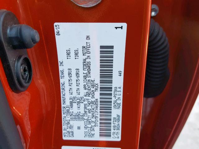 5TFDY5F11FX468584 - 2015 TOYOTA TUNDRA CRE ORANGE photo 10