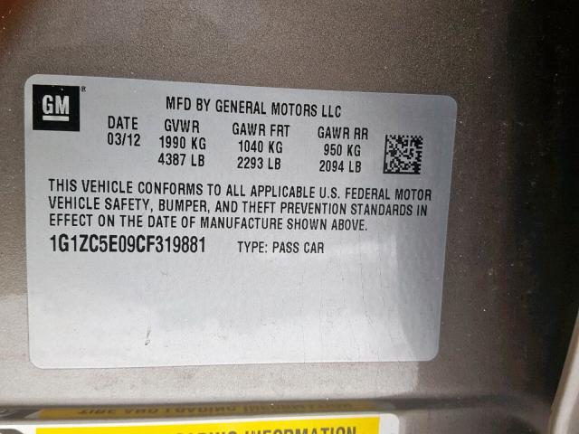 1G1ZC5E09CF319881 - 2012 CHEVROLET MALIBU 1LT 棕色 照片 10