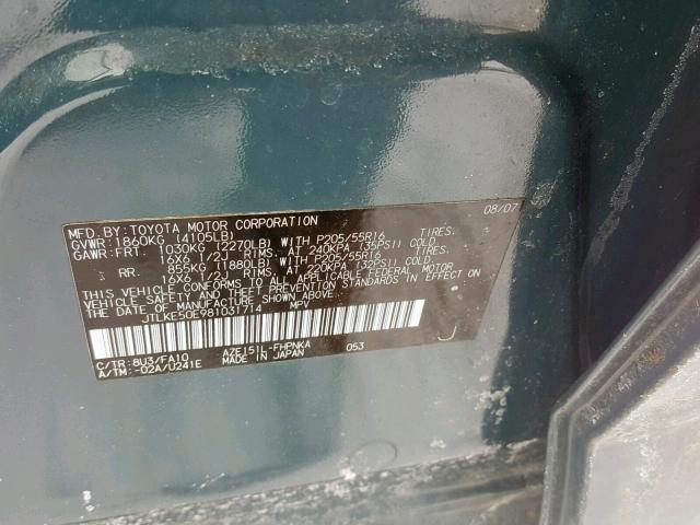 JTLKE50E981031714 - 2008 SCION XB TEAL photo 10