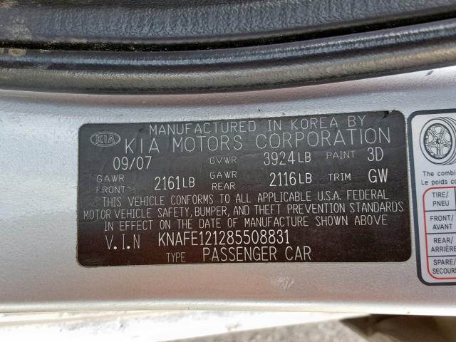 KNAFE121285508831 - 2008 KIA SPECTRA EX SILVER photo 10