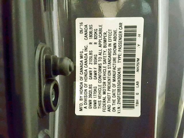 2HGFC3B33GH360476 - 2016 HONDA CIVIC EX CHARCOAL photo 10