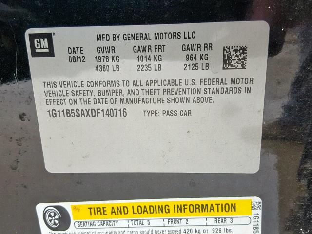 1G11B5SAXDF140716 - 2013 CHEVROLET MALIBU LS BLACK photo 10