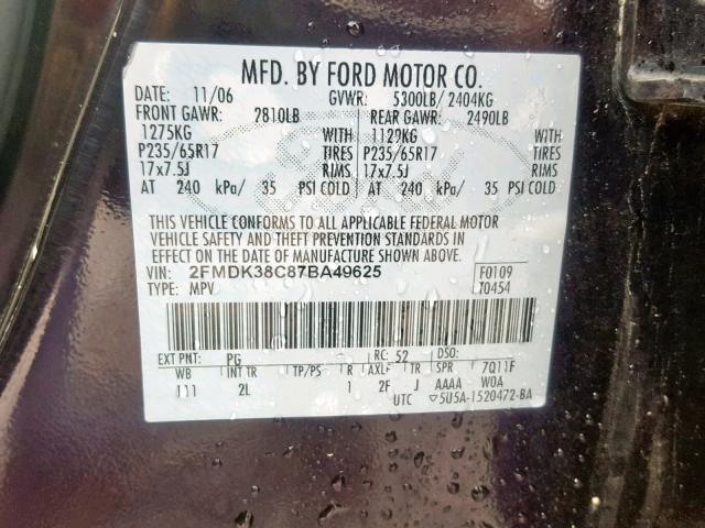 2FMDK38C87BA49625 - 2007 FORD EDGE SEL BLUE photo 10