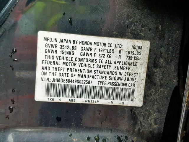 JHMGE88449S022587 - 2009 HONDA FIT SPORT BLACK photo 10