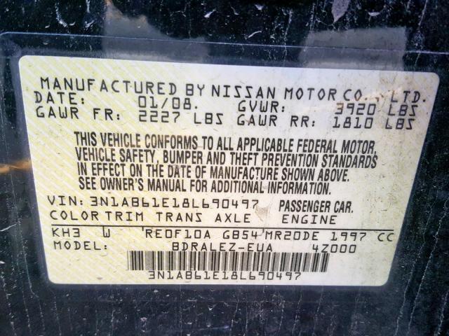 3N1AB61E18L690497 - 2008 NISSAN SENTRA 2.0 BLACK photo 10