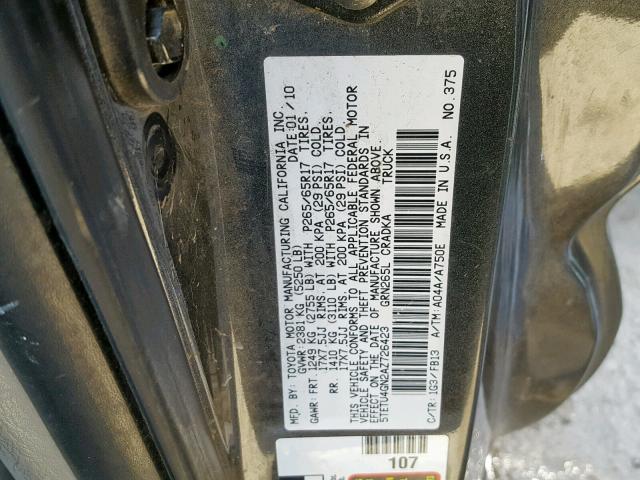 5TETU4GN2AZ726423 - 2010 TOYOTA TACOMA PRE CHARCOAL photo 10