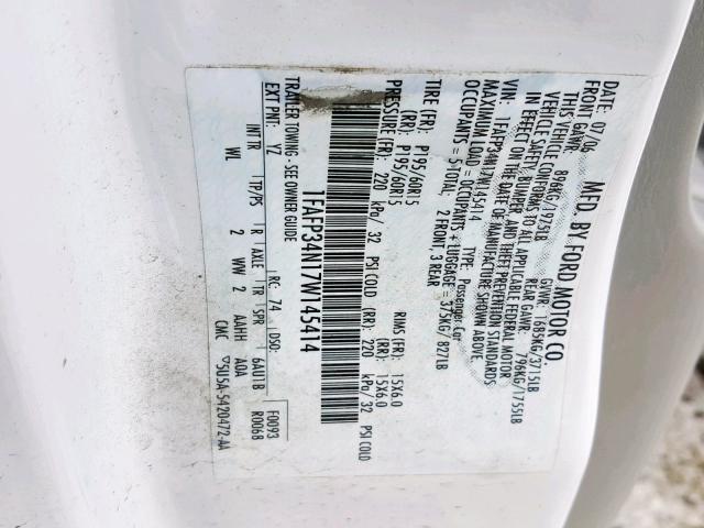 1FAFP34N17W145414 - 2007 FORD FOCUS ZX4 WHITE photo 10