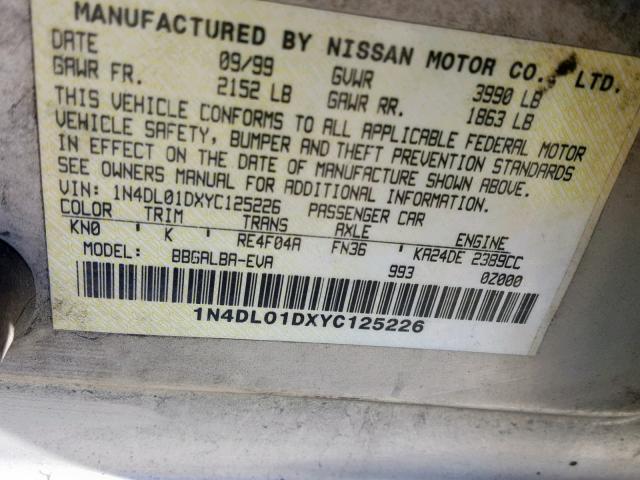 1N4DL01DXYC125226 - 2000 NISSAN ALTIMA XE SILVER photo 10