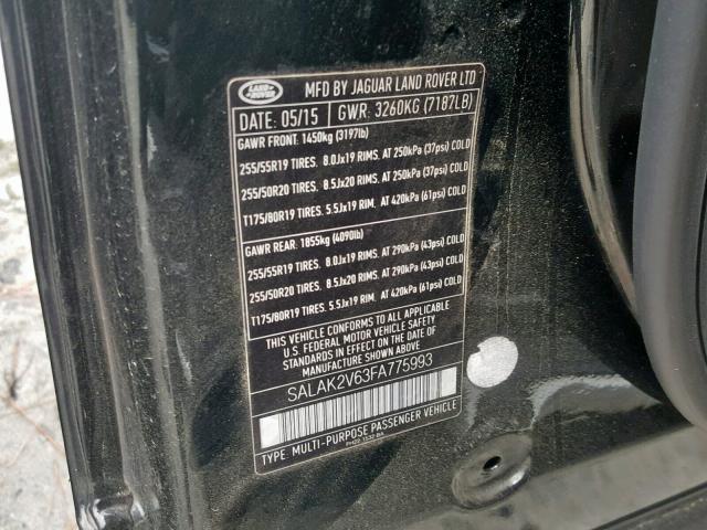 SALAK2V63FA775993 - 2015 LAND ROVER LR4 HSE LU BLACK photo 10