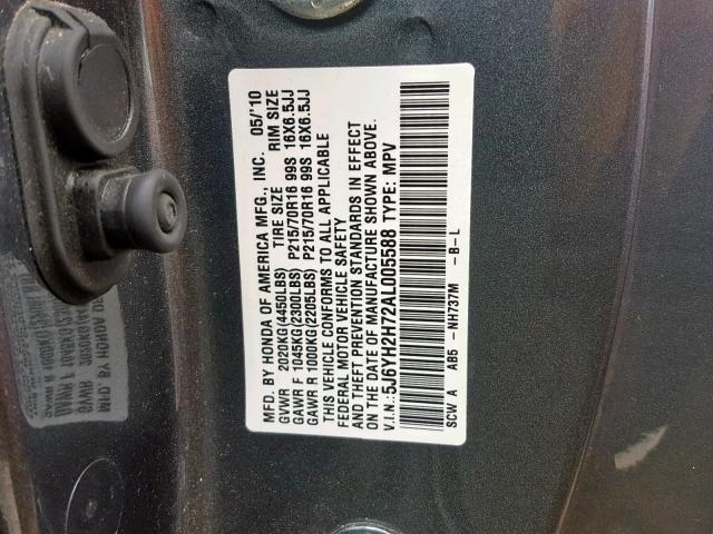 5J6YH2H72AL005588 - 2010 HONDA ELEMENT EX GRAY photo 10