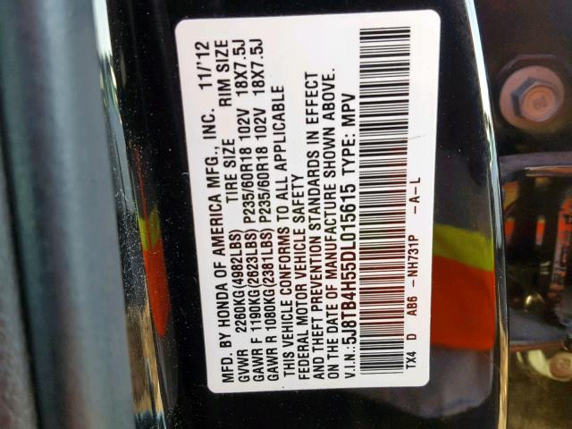 5J8TB4H55DL015615 - 2013 ACURA RDX TECHNO BLACK photo 10