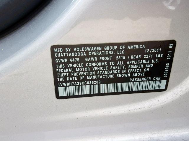 1VWBH7A39CC036269 - 2012 VOLKSWAGEN PASSAT SE GRAY photo 10