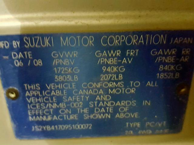 JS2YB417095100072 - 2009 SUZUKI SX4 TOURIN SILVER photo 10