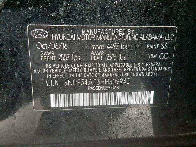 5NPE34AF3HH509943 - 2017 HYUNDAI SONATA SPO BLACK photo 10