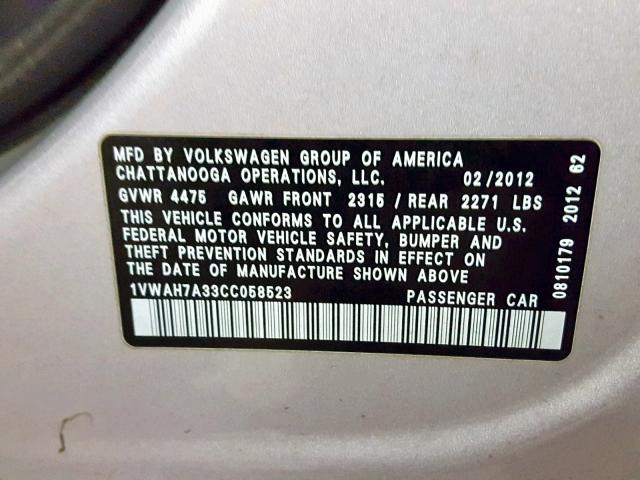 1VWAH7A33CC058523 - 2012 VOLKSWAGEN PASSAT S SILVER photo 10