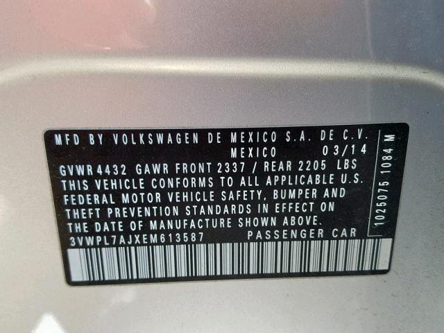 3VWPL7AJXEM613587 - 2014 VOLKSWAGEN JETTA TDI SILVER photo 10