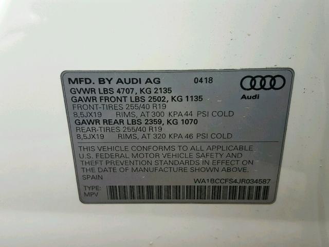 WA1BCCFS4JR034587 - 2018 AUDI Q3 PREMIUM WHITE photo 10