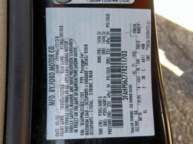 3FAHP06Z77R211703 - 2007 FORD FUSION S BLACK photo 10