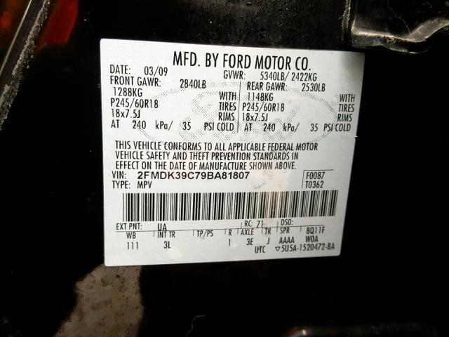 2FMDK39C79BA81807 - 2009 FORD EDGE LIMIT BLACK photo 10