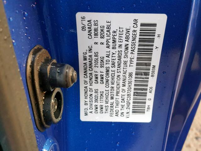 2HGFC3B72GH361086 - 2016 HONDA CIVIC EXL BLUE photo 10