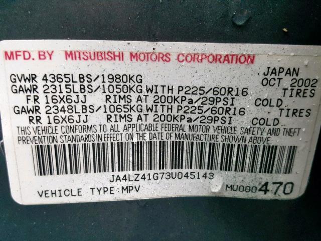 JA4LZ41G73U045143 - 2003 MITSUBISHI OUTLANDER GRAY photo 10