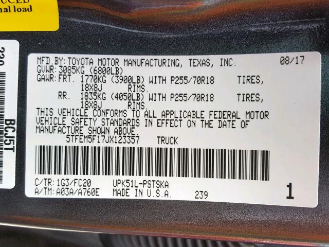 5TFEM5F17JX123357 - 2018 TOYOTA TUNDRA CRE GRAY photo 10