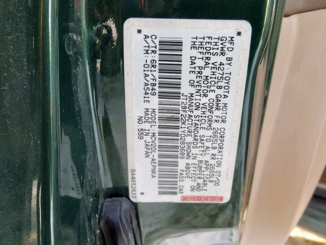 JT2BF22K1Y0283689 - 2000 TOYOTA CAMRY CE GREEN photo 10