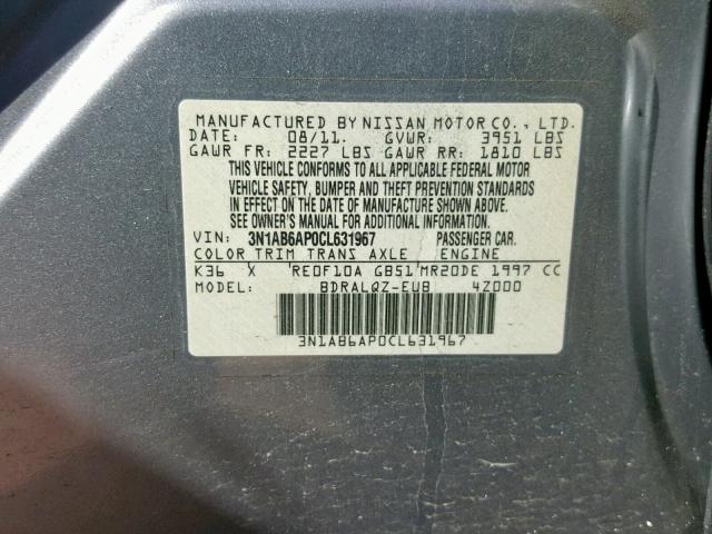 3N1AB6AP0CL631967 - 2012 NISSAN SENTRA 2.0 GRAY photo 10