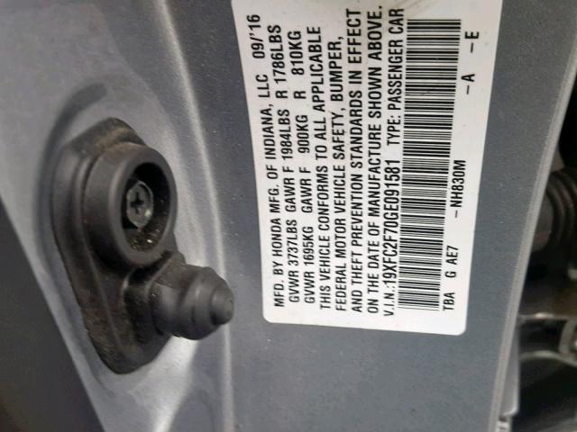 19XFC2F70GE091581 - 2016 HONDA CIVIC EX GRAY photo 10