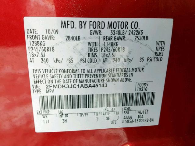 2FMDK3JC1ABA45143 - 2010 FORD EDGE SEL RED photo 10