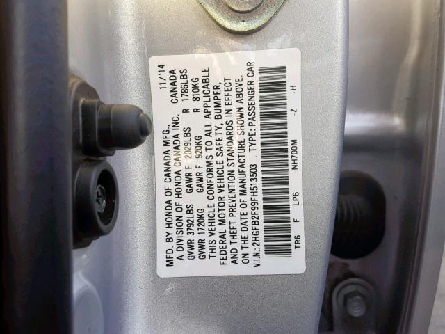 2HGFB2F99FH513503 - 2015 HONDA CIVIC EXL SILVER photo 10