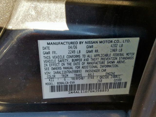 1N4AL11D76N398893 - 2006 NISSAN ALTIMA S GRAY photo 10