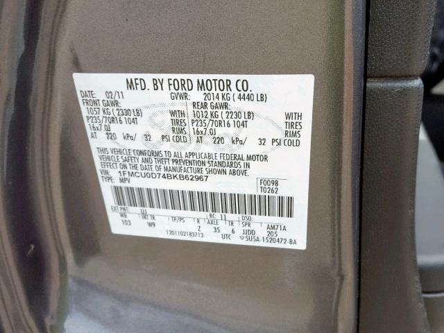 1FMCU0D74BKB62967 - 2011 FORD ESCAPE XLT GRAY photo 10