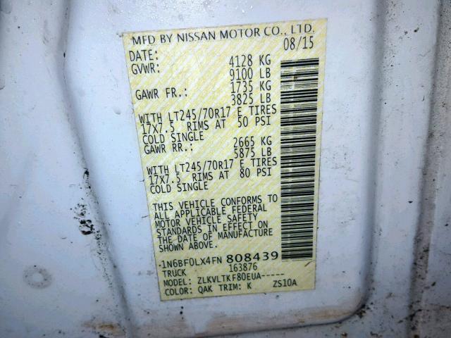 1N6BF0LX4FN808439 - 2015 NISSAN NV 2500 WHITE photo 10