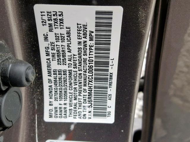 5J6RM4H7XCL006101 - 2012 HONDA CR-V EXL GRAY photo 10