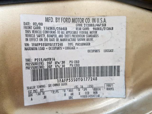 1FAFP55S0YG177248 - 2000 FORD TAURUS SES GOLD photo 10