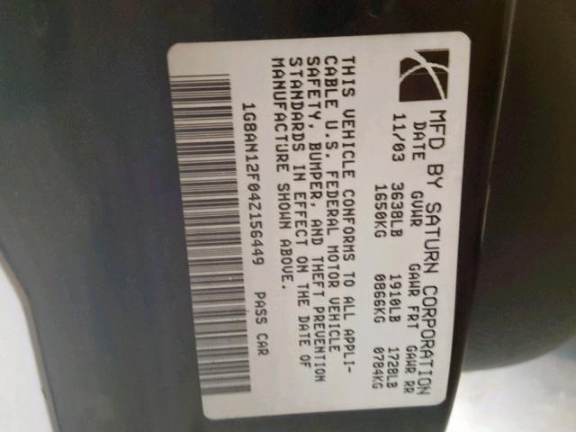 1G8AN12F04Z156449 - 2004 SATURN ION LEVEL SILVER photo 10