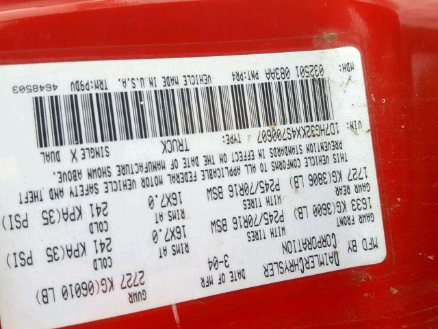 1D7HG32KX4S700607 - 2004 DODGE DAKOTA SPO RED photo 10