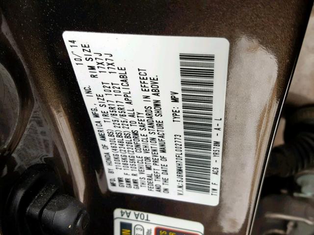 5J6RM4H70FL002773 - 2015 HONDA CR-V EXL GRAY photo 10