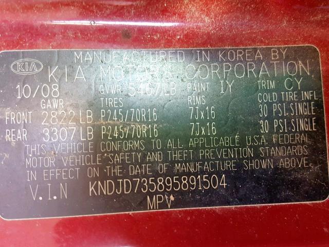 KNDJD735895891504 - 2009 KIA SORENTO LX RED photo 10