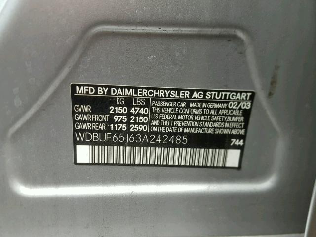 WDBUF65J63A242485 - 2003 MERCEDES-BENZ E 320 SILVER photo 10