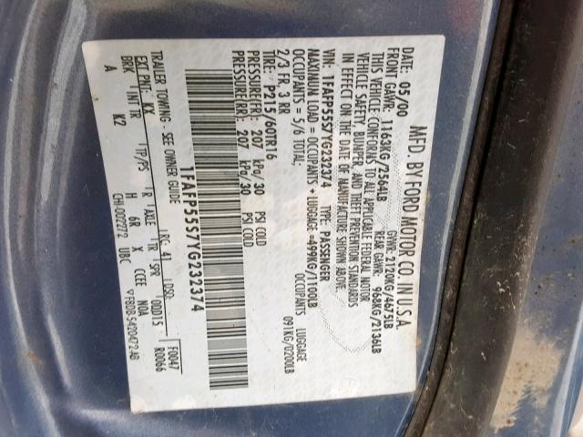 1FAFP55S7YG232374 - 2000 FORD TAURUS SES BLUE photo 10