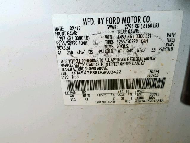 1FM5K7F88DGA03422 - 2013 FORD EXPLORER L WHITE photo 10